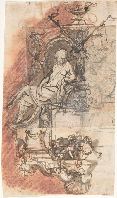 Entwurf für ein Grabdenkmal mit einer sitzenden weiblichen Figur, verso, spätes 17. - frühes 18. Jahrhundert von Peeter Verbrugghen II