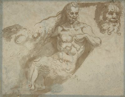 Sitzender Satyr, mit vergrößertem Kopf desselben recto, Kopf einer Frau verso von Pellegrino Tibaldi