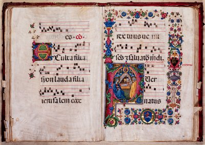 Piccolomini-Bibliothek: Chorbuch, cod. 102.8, ff. 47v-48r mit „Geburt Christi“ von Pellegrino di Mariano