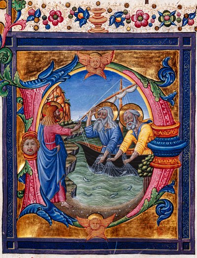 Piccolomini-Bibliothek: Chorbuch, cod. 11.M, ff. 4r mit „Berufung von St. Peter und St. Andreas“ (Detail) von Pellegrino di Mariano