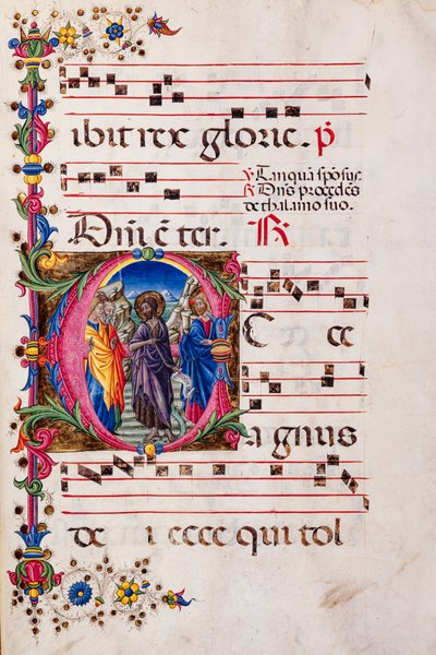 Piccolomini-Bibliothek: Chorbuch, cod. 2.B, ff. 105r mit „Predigt des Heiligen Johannes des Täufers“, von Pellegrino di Mariano von Pellegrino di Mariano