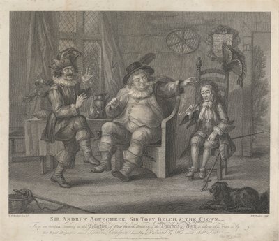 Sir Andrew Aguecheek, Sir Toby Belch und der Clown - "Was ihr wollt", Akt II, Szene III von Peltro W. Tomkins