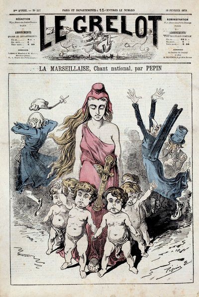 Eine der „Die Glocke“ darstellend eine Allegorie der Nationalhymne „La Marseillaise“ voranschreitend, während die Adligen ihre Ohren verstopfen und fliehen. Illustration von Pepin. 10/02/1878. Private Sammlung von Pepin