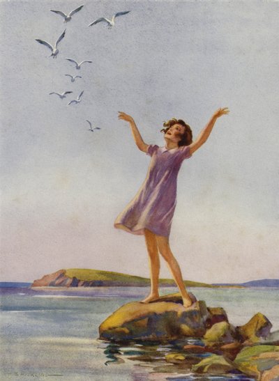 Mädchen genießt die Sonne am Meer von Percy Bell Hickling