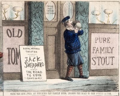 Der Junge, der durch das Holen des Familienbiers den Weg zur Kneipe lernt, veröffentlicht um 1872 von Percy Cruikshank