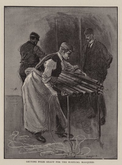Vorbereitung der Stangen für die Krankenhauszelte von Percy F.S. Spence