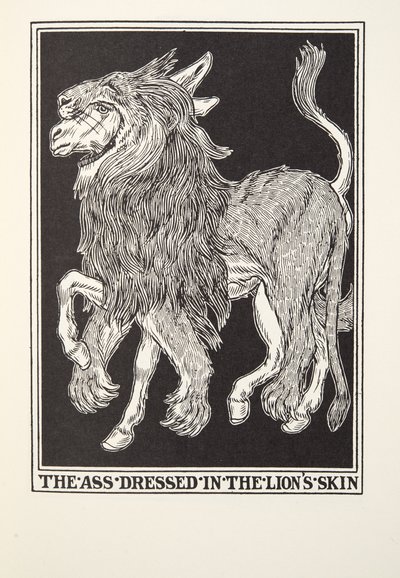 Der Esel im Löwenfell, aus Fontaine Fabeln, veröffentlicht 1905 von Percy J. Billingshurst