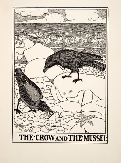 Die Krähe und die Muschel, aus Hundert Fabeln von Äsop, veröffentlicht 1903 von Percy J. Billingshurst