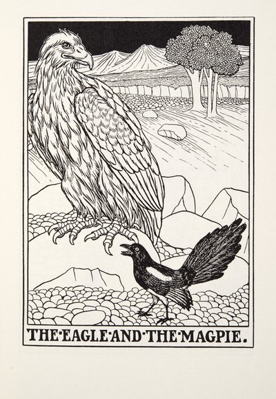 Der Adler und die Elster, aus Fontaine Fabeln, veröffentlicht 1905 von Percy J. Billingshurst