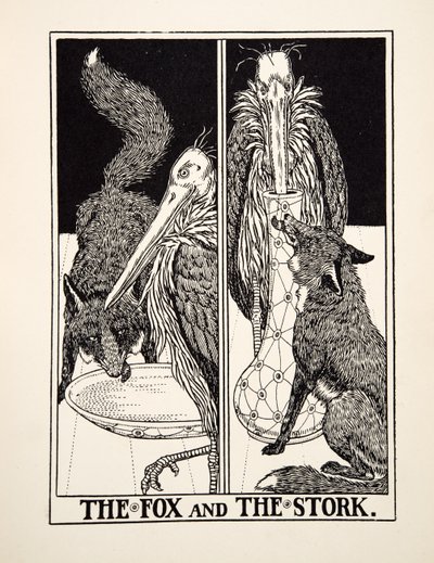 Der Fuchs und der Storch, aus Hundert Fabeln von Äsop, veröffentlicht 1903 von Percy J. Billingshurst