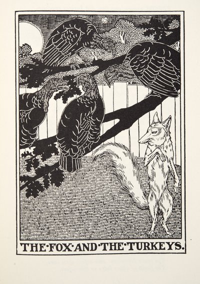Der Fuchs und die Truthähne, aus Fontaine Fabeln, veröffentlicht 1905 von Percy J. Billingshurst