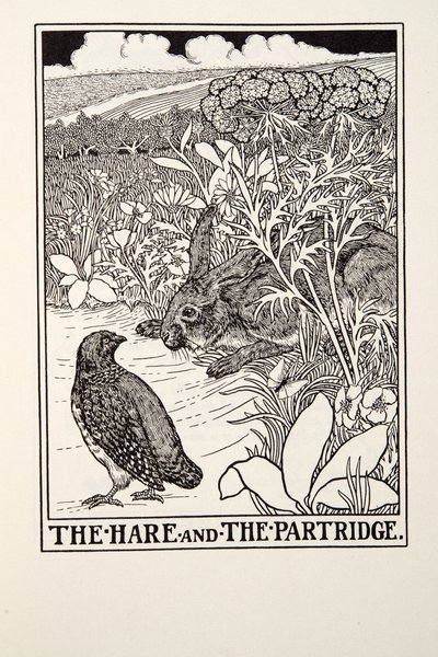 Der Hase und das Rebhuhn, aus Fontaine Fables, veröffentlicht 1905 von Percy J. Billingshurst