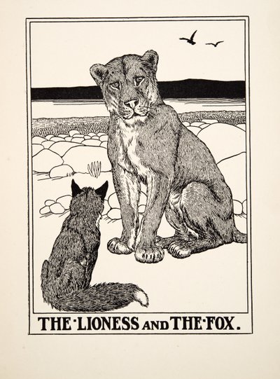 Die Löwin und der Fuchs, aus Hundert Fabeln von Äsop, veröffentlicht 1903 von Percy J. Billingshurst