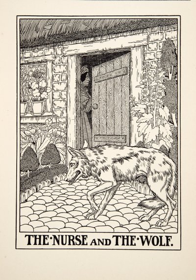 Die Amme und der Wolf, aus Hundert Fabeln von Aesop, veröffentlicht 1903 von Percy J. Billingshurst