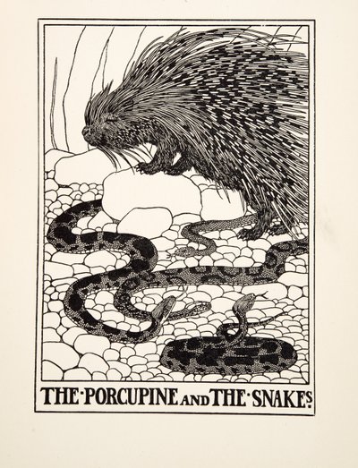 Der Stachelschwein und die Schlangen, aus Hundert Fabeln von Äsop, veröffentlicht 1903 (Gravur) von Percy J. Billingshurst