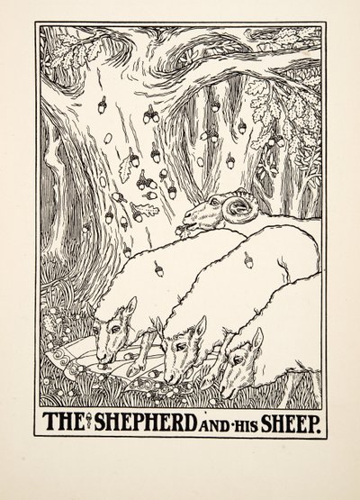 Der Hirte und seine Schafe, aus Hundert Fabeln von Aesop, veröffentlicht 1903 von Percy J. Billingshurst