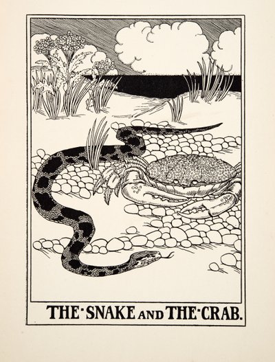 Die Schlange und die Krabbe, aus Hundert Fabeln von Aesop, veröffentlicht 1903 von Percy J. Billingshurst