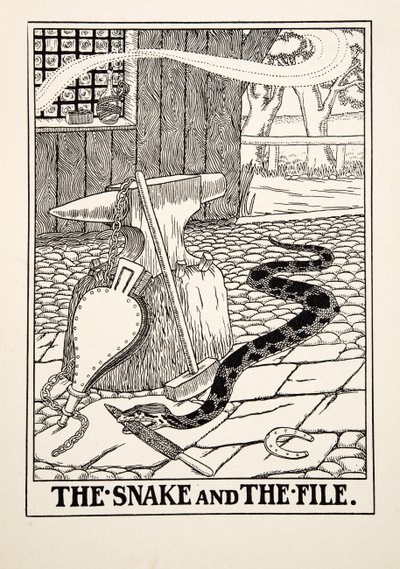 Die Schlange und die Feile, aus Hundert Fabeln von Äsop, veröffentlicht 1903 (Gravur) von Percy J. Billingshurst