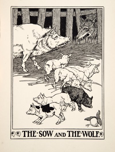 Die Sau und der Wolf, aus Hundert Fabeln von Äsop, veröffentlicht 1903 (Gravur) von Percy J. Billingshurst
