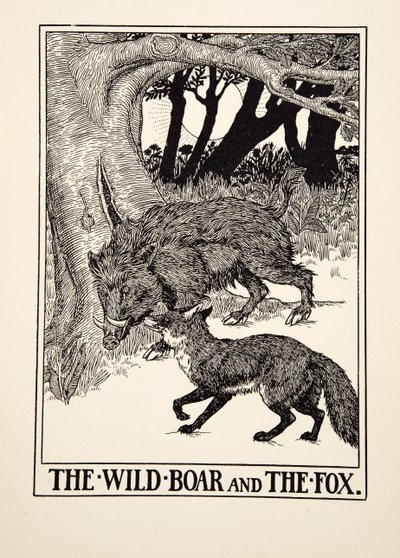 Das Wildschwein und der Fuchs, aus Hundert Fabeln von Aesop, veröffentlicht 1903 von Percy J. Billingshurst