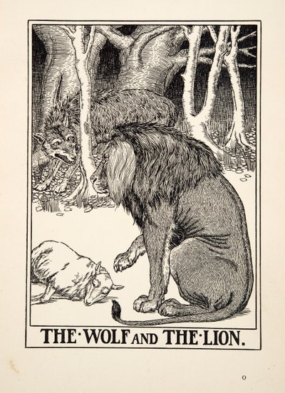 Der Wolf und der Löwe, aus Hundert Fabeln von Äsop, veröffentlicht 1903 (Gravur) von Percy J. Billingshurst