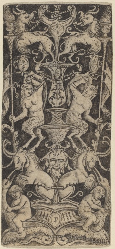 Ornamenttafel mit zwei nackten Kindern auf monströsen Tieren von Peregrino da Cesena