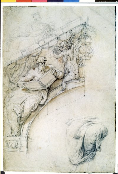 Studie für ein Fresko mit einer Prophetenfigur und zwei Putti von Perino del (1501-47) Vaga