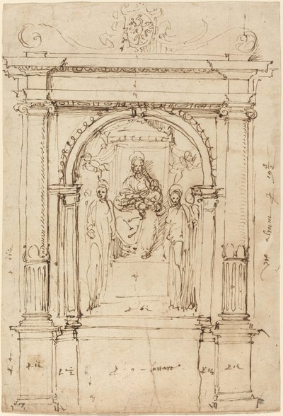 Altarbild der Madonna mit Kind und Heiligen in seiner architektonischen Umgebung von Perino del Vaga