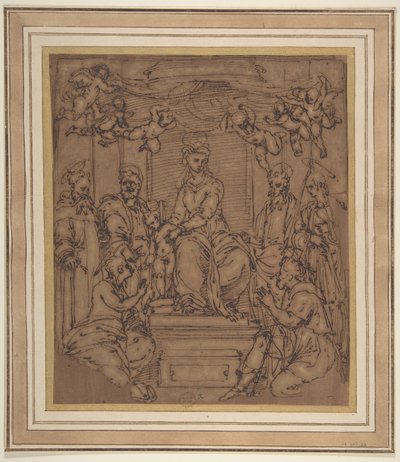 Jungfrau und Kind auf dem Thron mit dem heiligen Antonius Abt, dem heiligen Petrus, dem heiligen Paulus, 1522-23 von Perino del Vaga