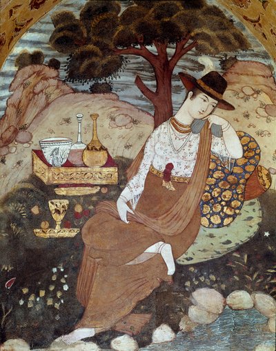 Eine persische Prinzessin unter der Herrschaft von Abbas I., ruhend. 17. Jahrhundert. Fresko aus dem Palast der 40 Säulen (Chehel Sotoun) in Isfahan, Iran. von Persian School