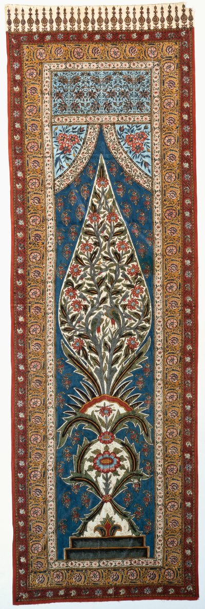 Ein bemalter und bedruckter Baumwoll-Kalimkari mit Papageien und weiteren Vögeln, die in den Zweigen eines blühenden, flammenförmigen Baumes sitzen von Persian School