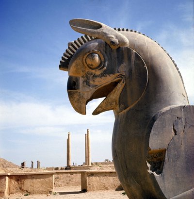 Ein Greif, legendäre Kreatur halb Adler, halb Löwe. Säule der Apadana, großer Gerichtssaal, gekrönt von diesen Kapitellen, Palast von Darius I., Persepolis, Iran. von Persian School