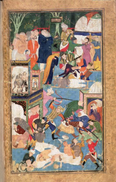 Die Plünderung von Isfahan im Jahr 1387 zeigt Timurs Truppen beim Plündern, Brandschatzen und Morden von Persian School