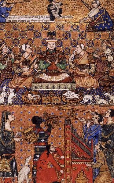 Herrscher auf dem Thron mit Begleitern und Musikern, geschrieben in Genua, Ende des 14. Jahrhunderts von Persian School