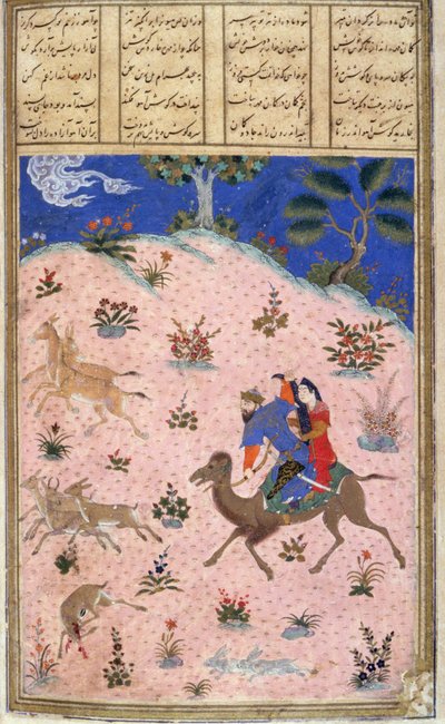 Bahram Gur jagt mit Azada, Illustration aus dem Shahnama (Buch der Könige) von Abul-Qasim Manur Firdawsi (ca. 934-ca. 1020) ca. 1440-45 von Persian School