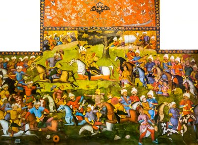 Schlacht von Taher-Abad oder Schlacht von Merv mit Sieg von Shah Ismail I über Muhammad Shaybani Khan, Empfangshalle, Chehel Sotun, 1647 von Persian School