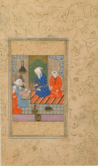 Seite aus einem Yusuf u Zulaykha von Jami; Zulaykha und ein älterer Mann hören einem Gespräch zu, möglicherweise Maschhad, Iran, ca. 1560-70 von Persian School