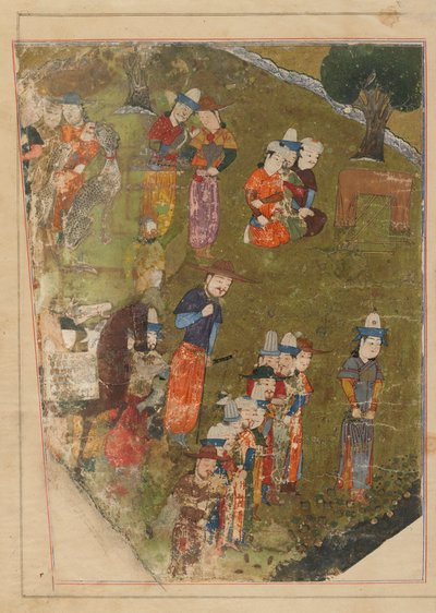 Seite aus einem Zafarnama; recto: Timur gewährt eine Audienz anlässlich seiner Thronbesteigung in Balkh; verso: Text, Schiras, Iran, Timuridenzeit, 1436 von Persian School