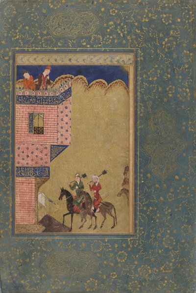 Seite aus einer Anthologie; Zwei Reiter mit Keulen nähern sich einem Gebäude, Iran, 1417-18 von Persian School
