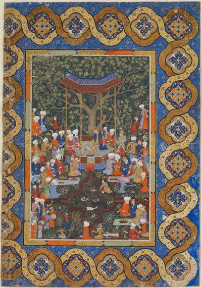 Ein Herrscher in einem Gartenpavillon, umgeben von Höflingen und Dienern von Persian School