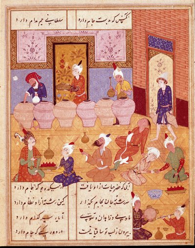 Islamische Kunst: „Bankett mit Musikern“ Miniatur, die die Gedichte des persischen Dichters Hafez illustriert (1554) von Persian School