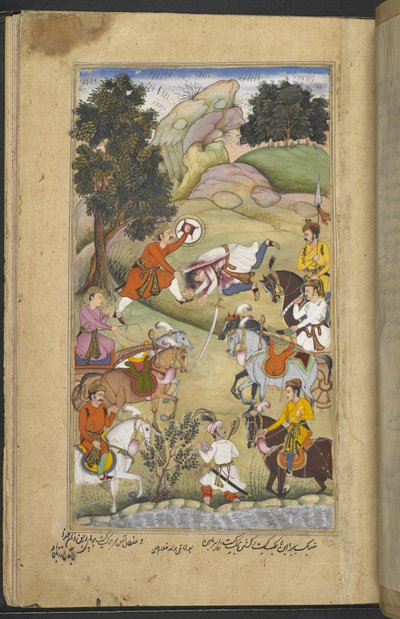 Babhruvahana dezimiert Arjunas Armee (Bulaqi ibn Ghulam ‚Ali) aus dem Razmnāmah (‚Buch des Krieges‘), Übersetzung des Mahabharata von Naqib Khan von Persian School
