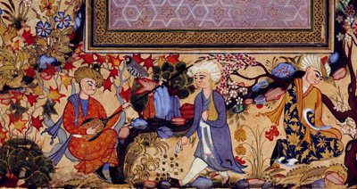 Persische Miniatur, die eine Unterhaltungsszene mit Musikern darstellt (Detail) von Persian School
