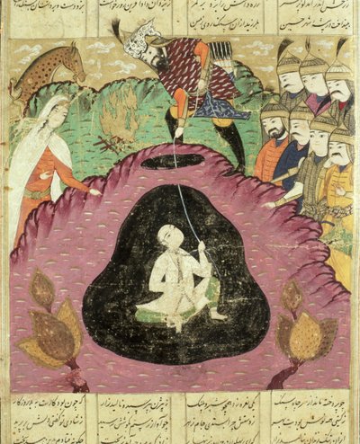 Rostam zieht Bijan aus der Höhle, Illustration aus dem Shahnama (Buch der Könige) von Abul-Qasim Manur Firdawsi von Persian School