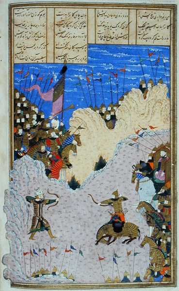 Rustam erschießt Ashkabus und sein Pferd, Illustration aus dem 