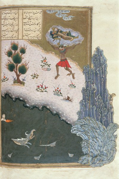 Der schlafende Rustam wird von dem Dämon Akwan durch die Luft getragen, Illustration aus dem Shahnama (Buch der Könige) von Abul-Qasim Manur Firdawsi (ca. 934-ca. 1020) ca. 1440-45 von Persian School
