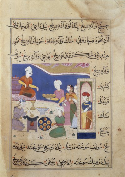 Vorbereitung von Süßigkeiten für den Sultan von Mandu, aus einem Manuskript über indische Kochkunst von Persian School