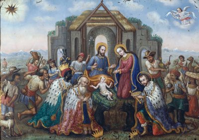 Die Geburt Christi mit der Anbetung der Heiligen Drei Könige und Hirten, eine andine Landschaft im Hintergrund von Peruvian School