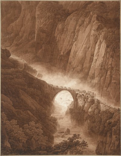 Die Teufelsbrücke in der Schöllenenschlucht auf dem Weg über den St. Gotthard Pass mit einem Maultierzug von Peter Birmann