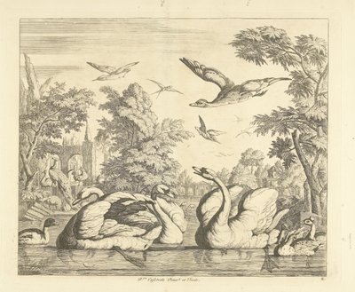 Drei Schwäne und andere Vögel an einem Teich von Peter Casteels (III)